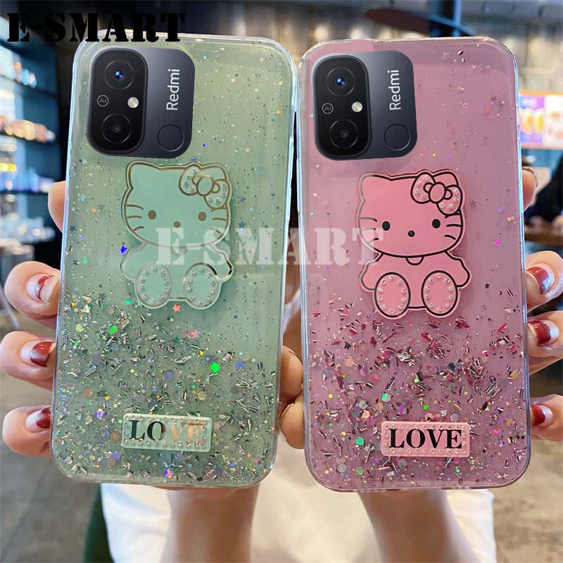New Case For Xiaomi Redmi 12C Back cover Shiny Ring Cases Glitter Soft Transparent Hello Kitty Casing for Redmi 12C cases Stars Moon Girls. 