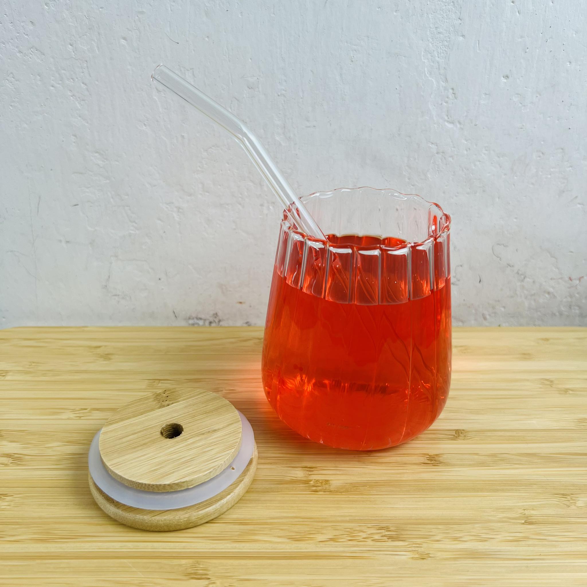 450ml Stripe Glass  Mason Jar wtih Bamboo Lid and Straw. 
