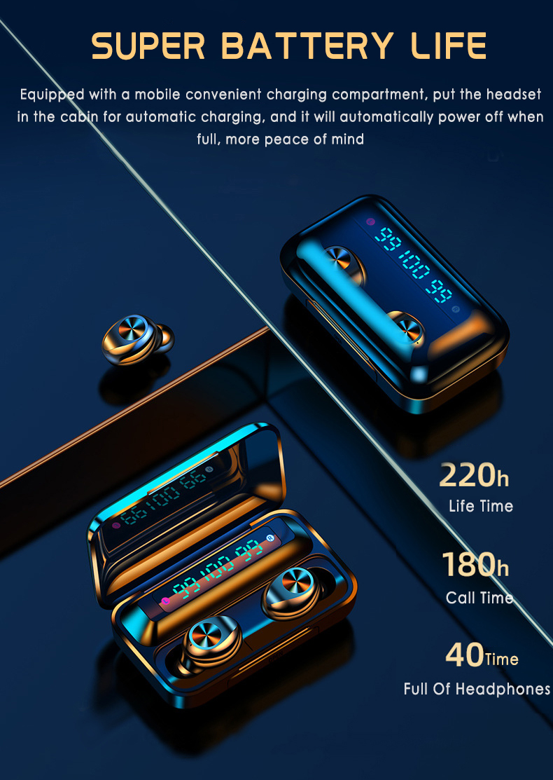 F9 TWS Bluetooth Earphones V5.0 TWS Earphones Touch Control LED Display Noise Canceling Earphones with Charging Box for Iphone Xiaomi. 