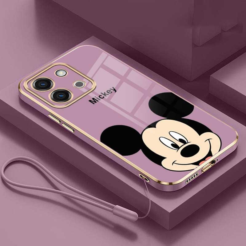 Vivo Y28 Y18 Y18s VivoY28 Luxury Cute Mickey Mouse Casing Square Edges Plating Back TPU Soft Case Cover