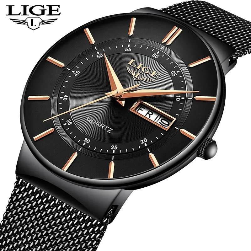 Lige 9949 Casual Mens Quartz Wristwatch Reloj Stainless Steel Calendar Luxury Men Watches Waterproof