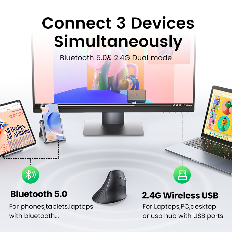 Ugreen MU008 Multi-mode Vertical Mouse - Black/White - UGREEN Vertical Ergonomic Mouse -  Wireless Dual Connectivity with Bluetooth and 2.4G - 4 Levels Adjustable DPI - Wide Compatibility and Flexibility. 