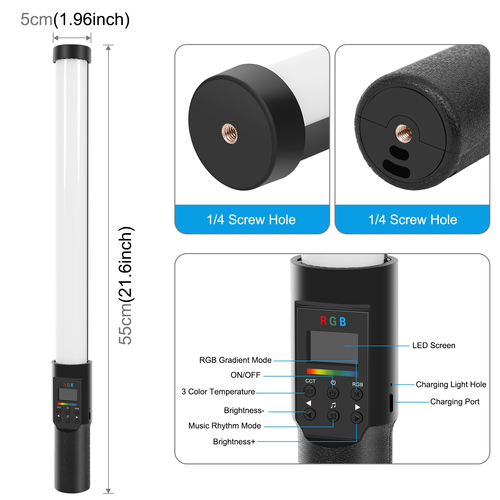 PULUZ 190 LEDs Photo Handheld Stick Light Full Color RGB Fill Light with Barndoor. 