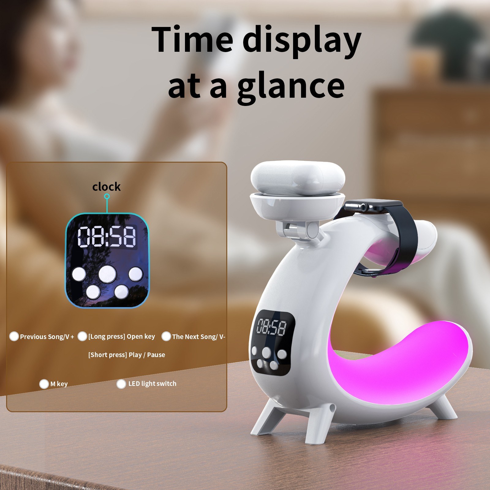 Bedside Table Lamp Colorful Night Light Wireless Charging for Cell Phone Watch Headphones Can be used as BT Audio/Clock/Ambient Light. 