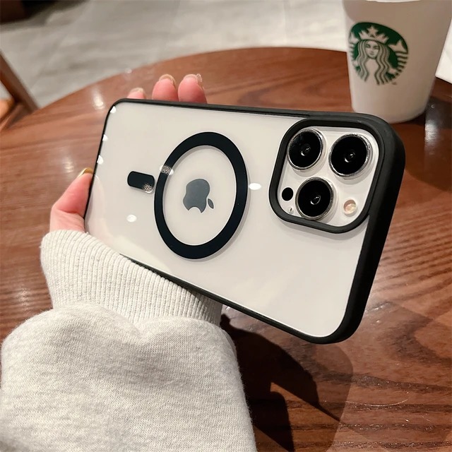 Transparent Magnetic Phone Case with Box for Magsafe Wireless Charging iPhone 11 to 15 pro max Mobile -Black cover phone Cases. 