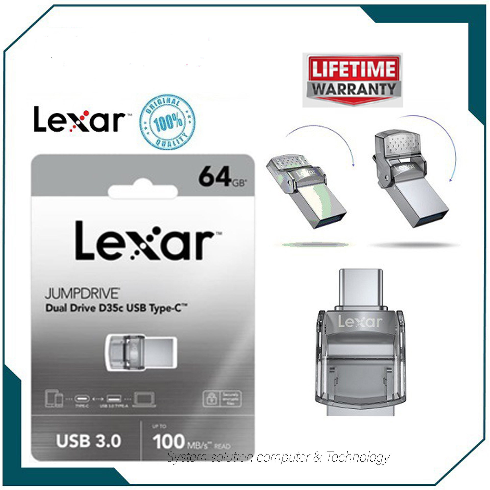 Lexar 64GB OTG Jump Drive Dual Drive D35c USB 3.0 with Type-C OTG Pen Drive