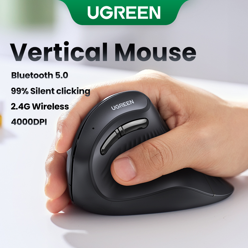 Ugreen MU008 Multi-mode Vertical Mouse - Black/White - UGREEN Vertical Ergonomic Mouse -  Wireless Dual Connectivity with Bluetooth and 2.4G - 4 Levels Adjustable DPI - Wide Compatibility and Flexibility. 