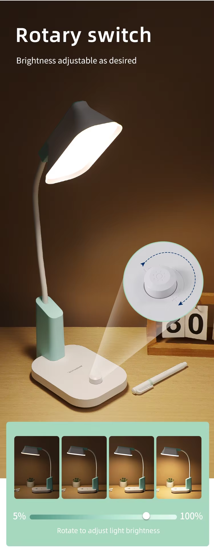 WEIDASI WD-6076GB AC/DC Rechargeable Eye Protection Warm Light Flexible LED Table / Desk Lamp. 