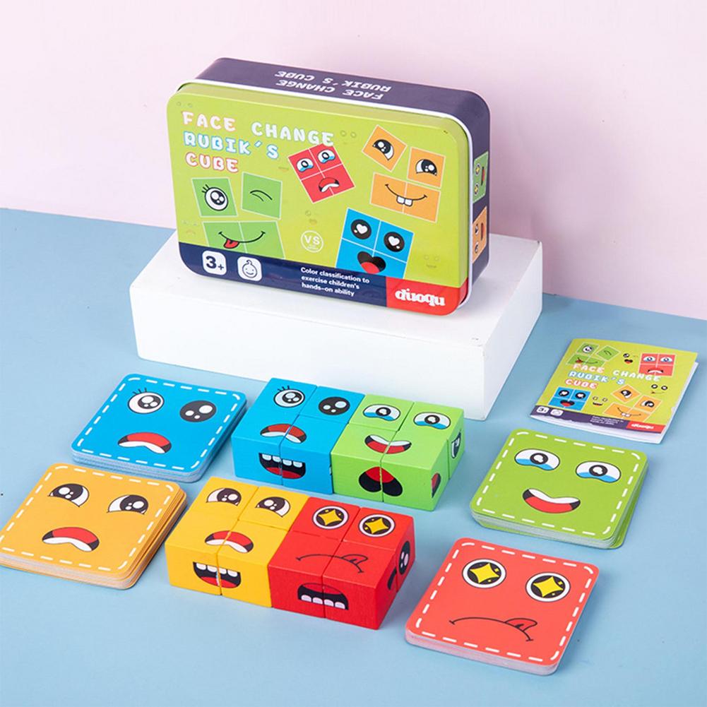 Wooden Expressions Matching Puzzles Face Changing Cubes Building Blocks Puzzle Game Family Board Game Toy With Box Educationa. 