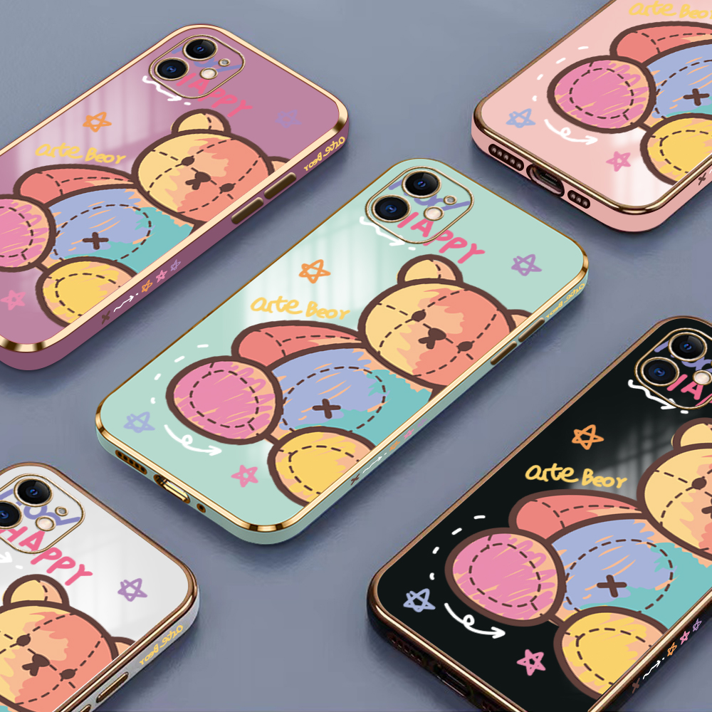 Luxury 6D Plating Case for iPhone 8 Color Cartoon Doll Bear Side Pattern Back Cover Soft Silicone Square Frame Shiny Bling Phone Cases + Free Lanyard. 