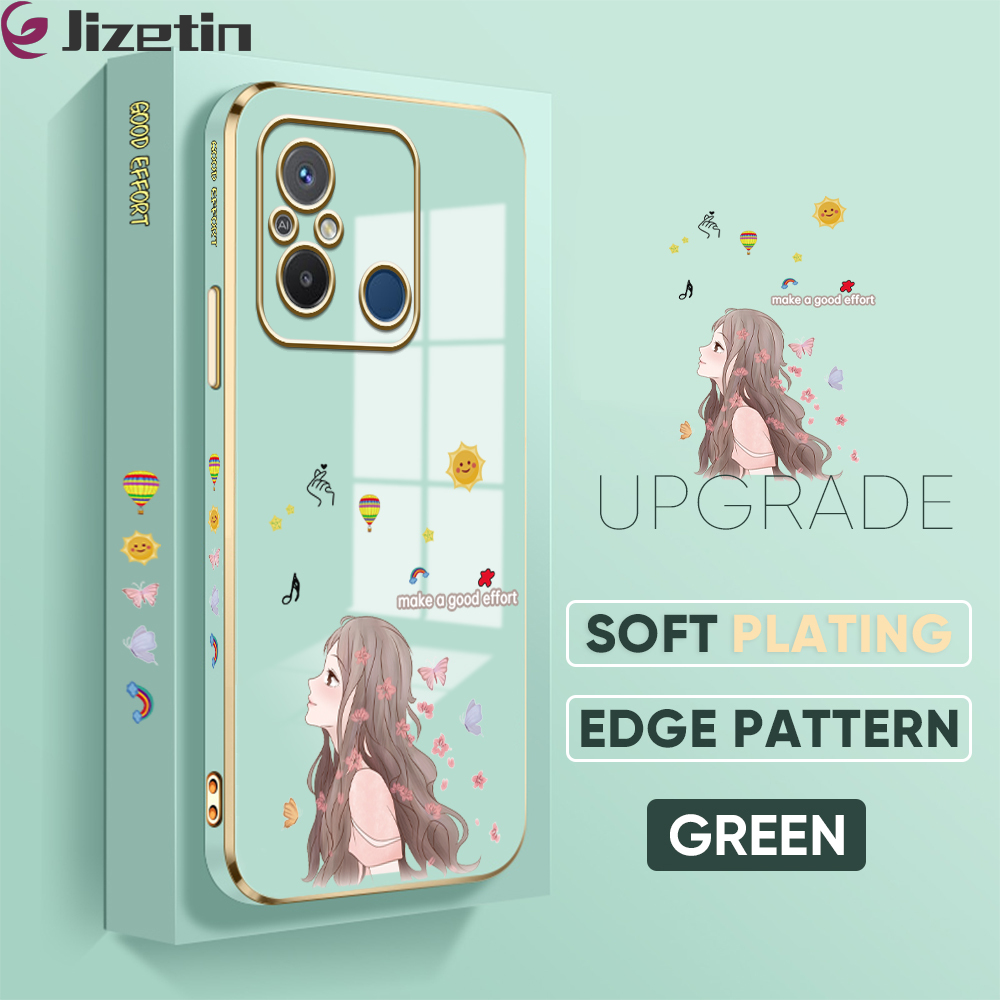 Jizetin (Free Lanyard) for Redmi 12C / 11A Back Cover Butterfly Girl Luxury 6D Plating Case Side Pattern Soft Silicone Square Mobile Phone Cases