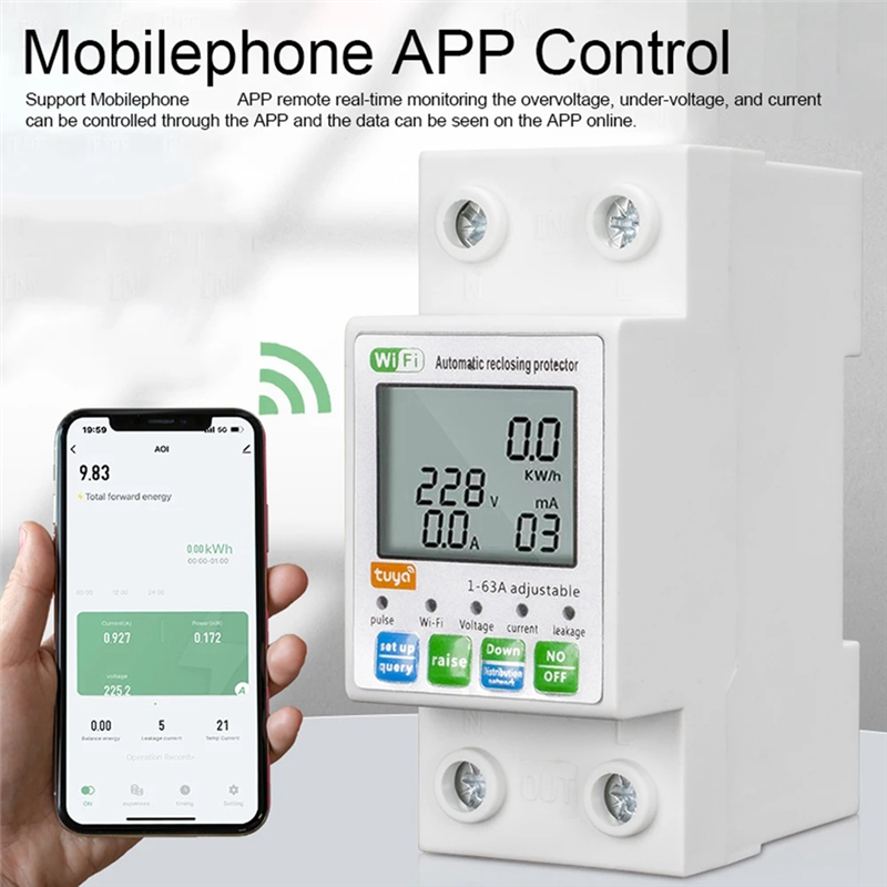 Tuya WiFi 1-63A Intelligent Automatic Reclosing Protector Current Voltage Monitoring MeterDisplay Switch Power Meter Easy Install. 