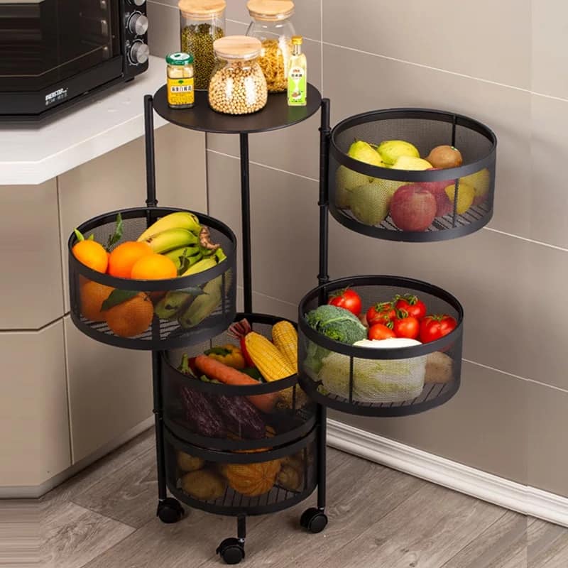 360 degree rotating vegetable rack kitchen floor multi-layer multifunctional circular fruit and vegetable basket storage rack. 
