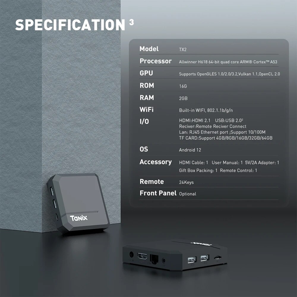 Tanix TX2 Android 12 TV Box Allwinner H618 8K 2.4G Wifi RAM 2GB ROM 16G Global Media Player Set Top Receiver. 