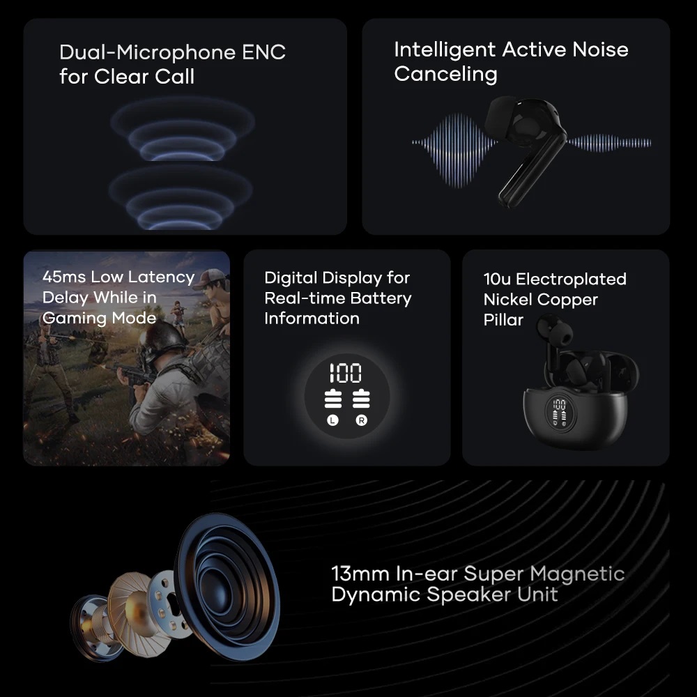 Wavefun Star 2 ANC Wireless Earbuds Digital Display BT 5.3 Active Noise Cancellation 45ms Low Latency 13mm Dynamic Speaker Light Weight Super Bass Bluetooth Earphone. 