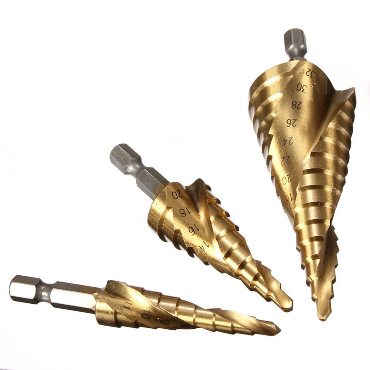3 tlg HSS Step Drill Bit Drill Set 4-12mm/ 4-20mm/ 4-32mm -  as shown
