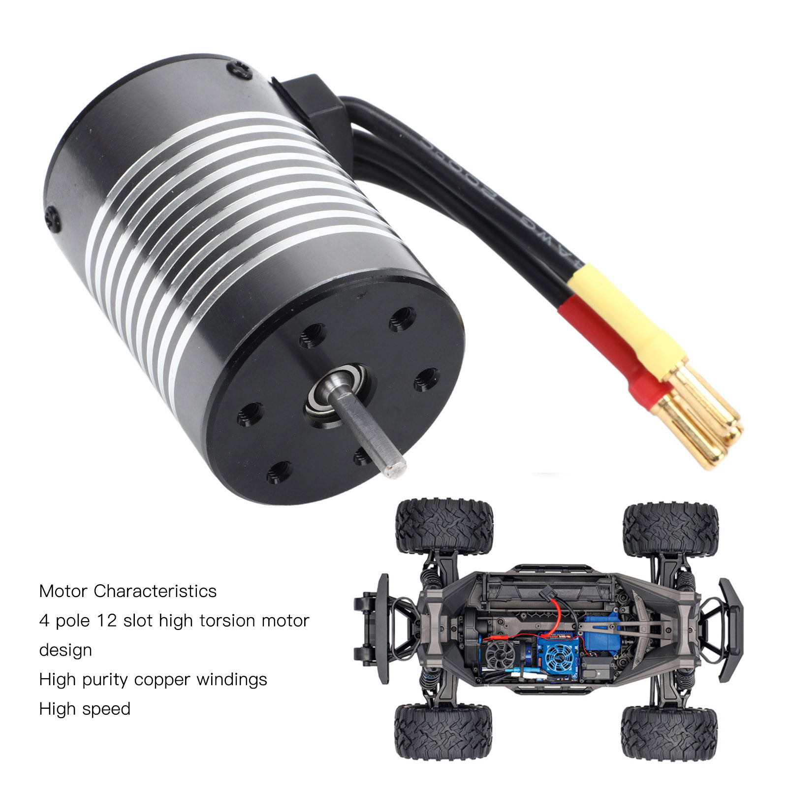 RC Motor, Large Torsion Waterproof 3500KV High Speed 3650 Brushless Motor for 1/8 1/10. 
