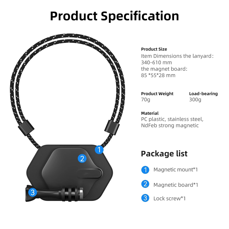 TELESIN Camera Mount Magnetic Neck Holder for GoPro Hero 11 Mini 10 9 8 7 Insta360 X3. 