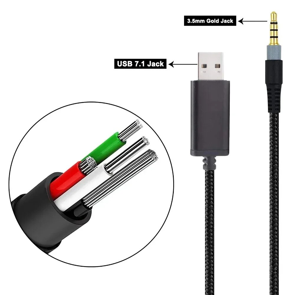 Nylon Braided OFC Replacement USB A 7.1 Surround Sound Cable Extension Cord For Redragon H510 Zeus Wired Gaming Headsets. 