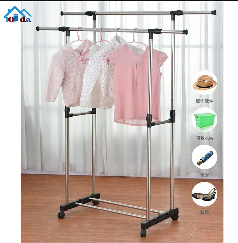 Double pole telescopic folding clothes rack with shelves ,clothes rack, double pole cloth rack, modern cloth rack,stainless steel cloth rack,cloth stand,Double Pole Telescopic Clothes Rail Mixer Mog