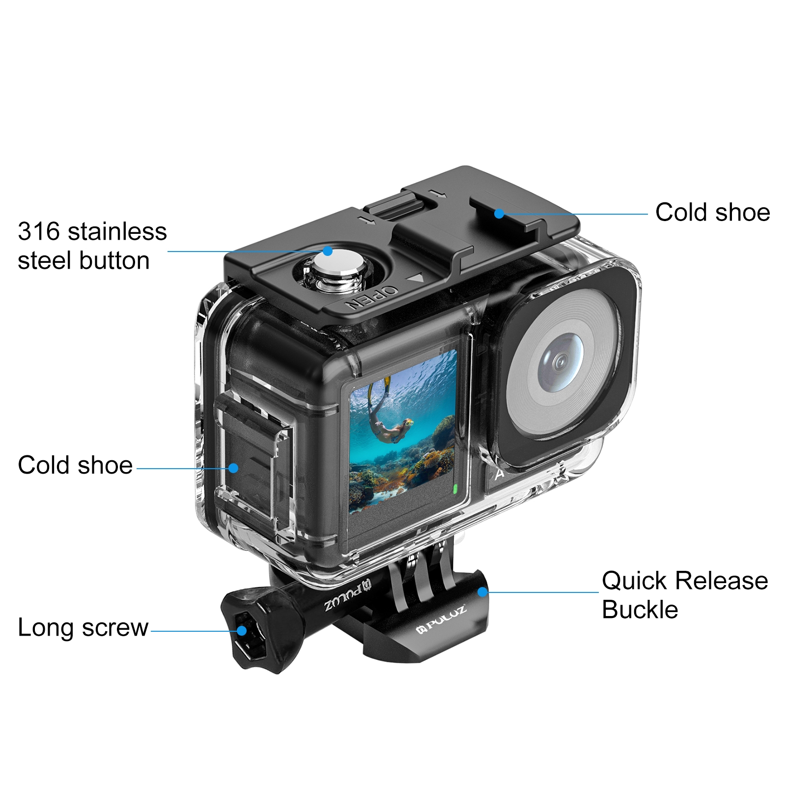 NEW- For DJI Osmo Action 5 Pro / 3 / 4 PULUZ 60m Underwater Waterproof Housing Diving Case with Cold Shoe & Buckle Basic Mount & Screw. 