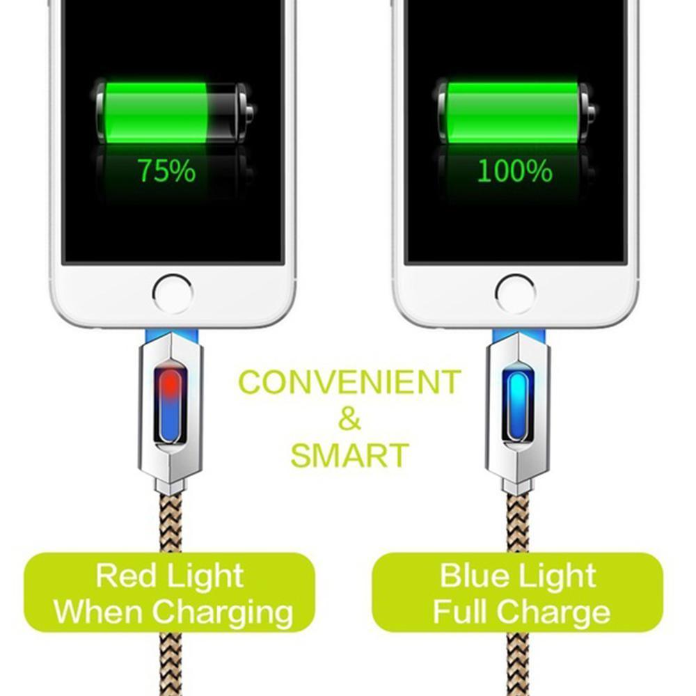 Smart USB Charging Cable, 1M/3.2FT Micro Nylon Braided Syn Auto Disconnect Charger Cord With LED Lighting Indicator For Mobile Phone. 