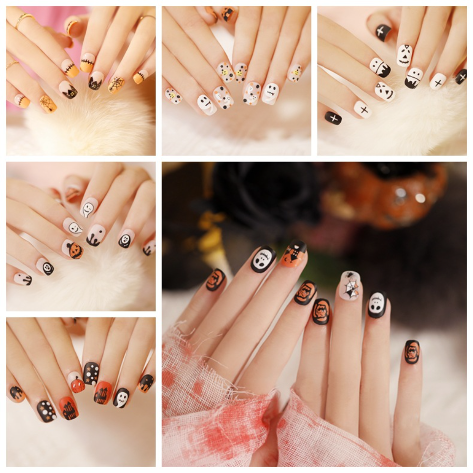 24Pcs Halloween Short Collection False Nails Wearing Artificial Press on Nail Tips Finished Ghost Pumpkin Weird Nails Art