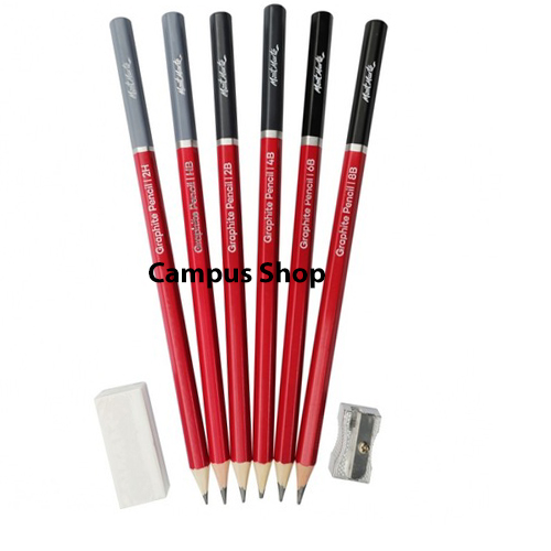 Mont Marte  6 Pcs graphite pencils - 2H, HB, 2B, 4B, 6B and 8B,Eraser And Metal Sharpener Drawing Set  Of 8 Pcs. 