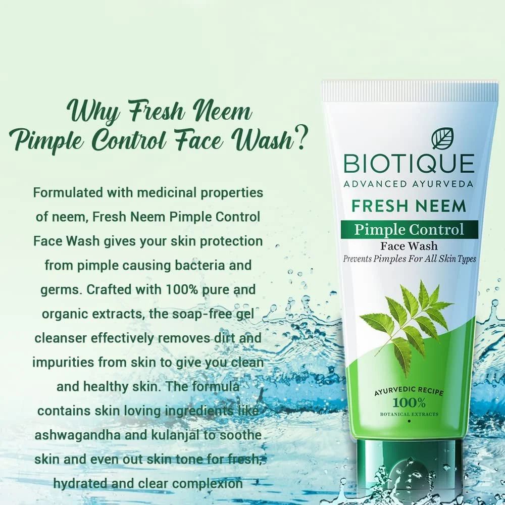 Biotique Fresh Neem Pimple Control Face Wash Prevents Pimples For All Skin Types - 100ml. 