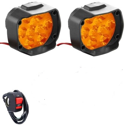 High Power Heavy Duty YELLOW Color 9 LED Fog Lights 2 PCS with 1 Piece Pul Push Switch for Bikes. 