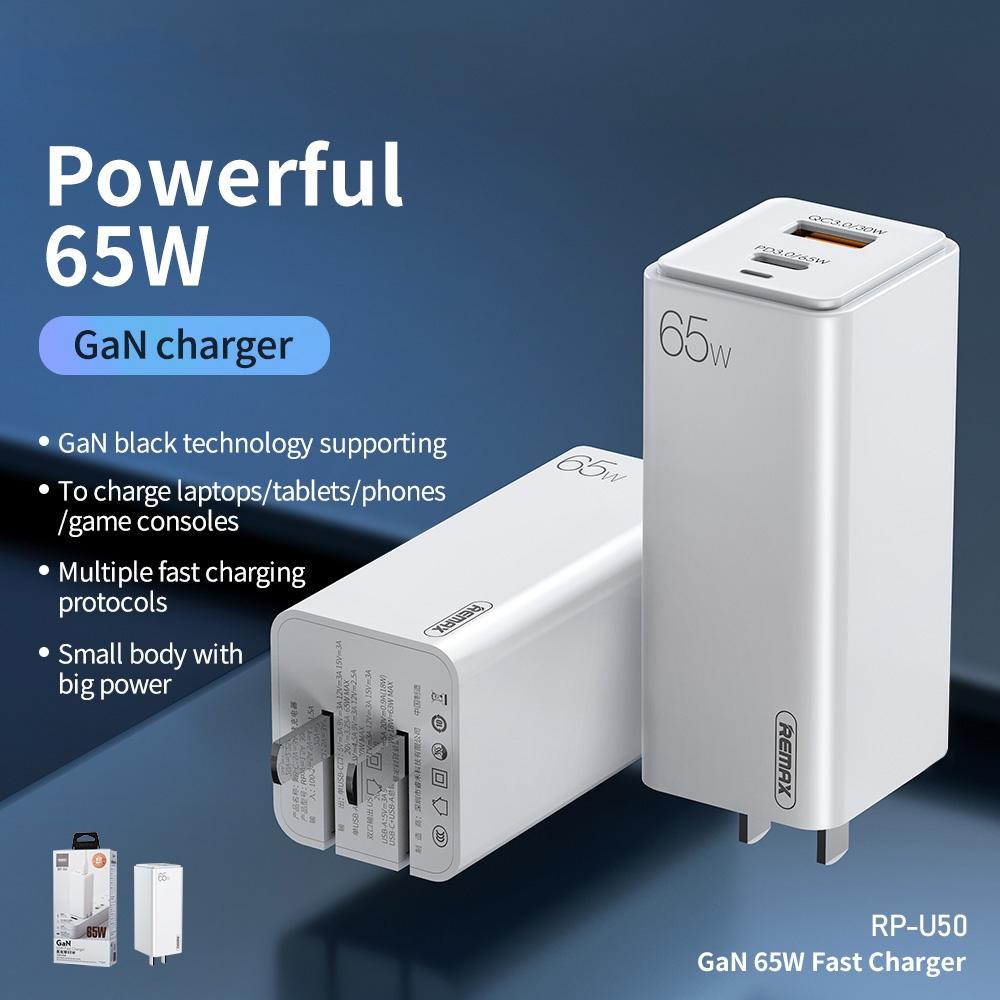 REMAX RP-U50 GaN 65W PD+QC MULTI COMPATIBLE FOLDING FAST CHARGER USB 1 TYPE-C 1 GaN Charger PD QC Charger 65W Charger. 
