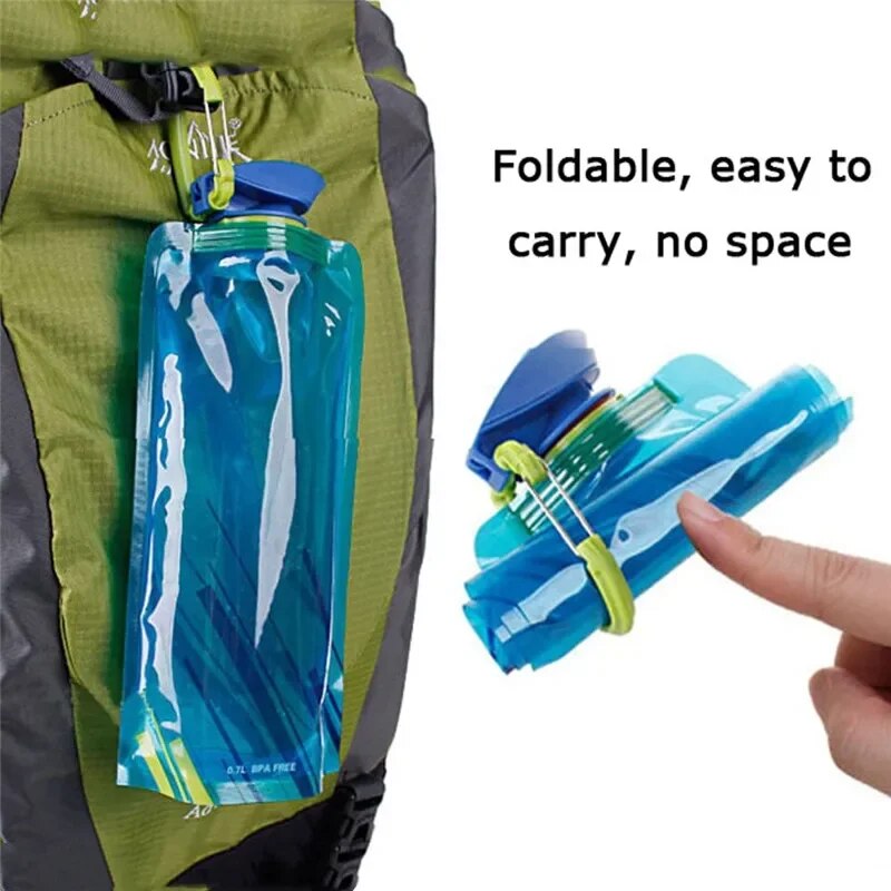 Foldable Water Bottles Plastic Water Pouch Flexible Reusable Travel Bottle Soft Flask Water Bag with Carabiner Clip. 