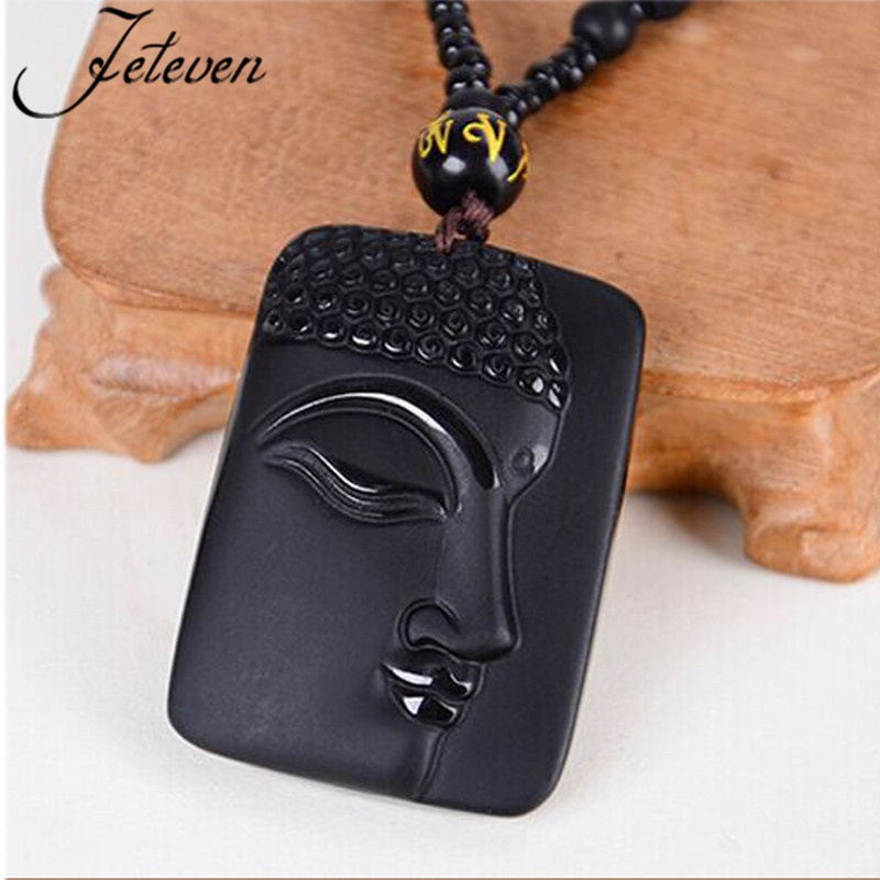Authentic Pure Obsidian Rock Buddha Head Pendant Half Face Buddha Necklace. 