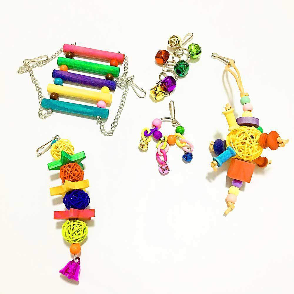 Bird Toys, Parrot Cage Hammock Hanging Bell Toy Colorful Swing Bell String Rattan Ball Bite String Toy 5pcs. 