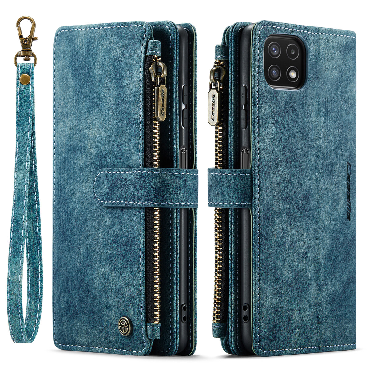 lthmy for Samsung Galaxy A22 5G PU Leather Magnetic Flip Lanyard Strap Wristlet Zipper Card Holder Phone Case