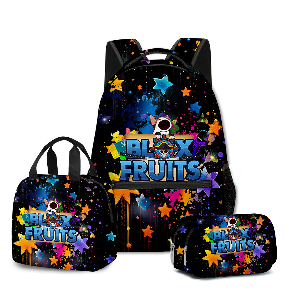 3D new ROBLOX game blox fruits schoolbag backpack for primary and secondary school students lunch bag pencil case three-piece set. 