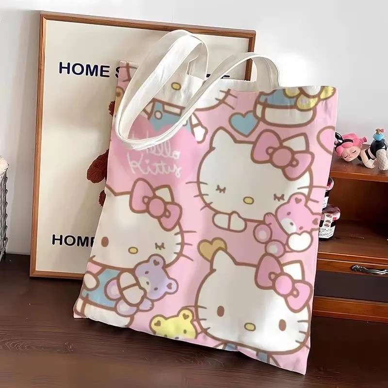 Sanrio Kitty Cat Canvas Bag Zippered Student Book Large Capacity Class Tote Bag Shopping Girl Gift. 
