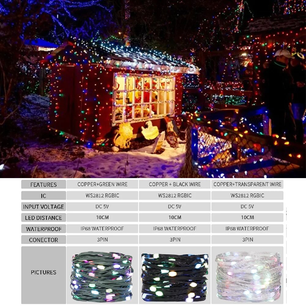 WS2812B RGBIC LED String 5M-20M Party Christmas Lights Dream Color WS2812 Addressable Individually String Outdoor Waterproof 5V. 