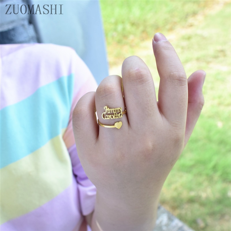 Dainty Custom Name Ring Stacking Name Rings With Heart Meaningful Mother Gift Personalized Ring With Your Word Double Names. 