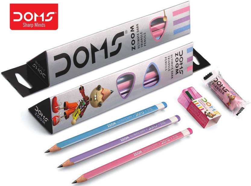 Doms Zoom Ultimate Dark Triangle Pencils - 10pcs with Free 1 Eraser and 1 Sharpener. 