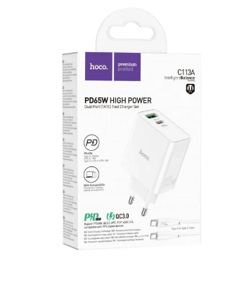 Hoco C113A Awesome" PD65W + QC3.0 EU Wall Charger With Cable Set -Time Square. 