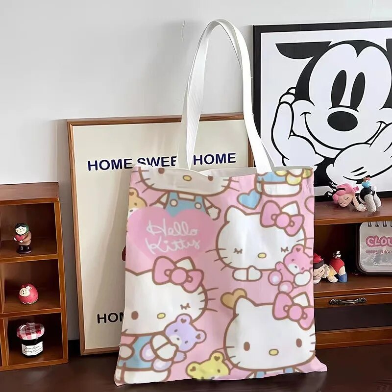 Sanrio Kitty Cat Canvas Bag Zippered Student Book Large Capacity Class Tote Bag Shopping Girl Gift. 