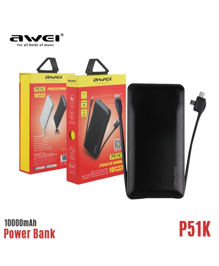 Awei P51K Business Style 10000mAh Powerbank Leather Covered With Built-In Lightning Type C Micro cable. 
