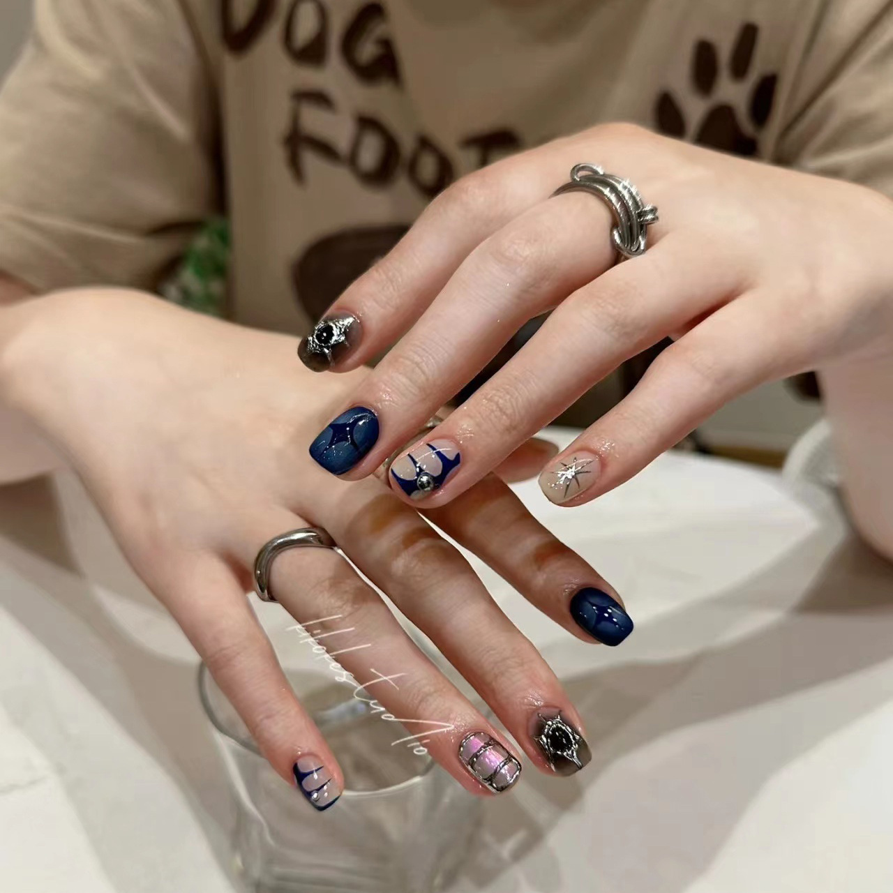 10pcs wearable handmade short mermaid cat eyes false nails with glue ballet blue graident ocean pattern nails sets press on