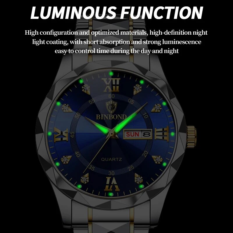 BINBOND Men Watch Stainless Steel Top Quailty Luxury Push Button Hidden Clasp Waterproof Luminous Date Week Sport Wrist Watches. 