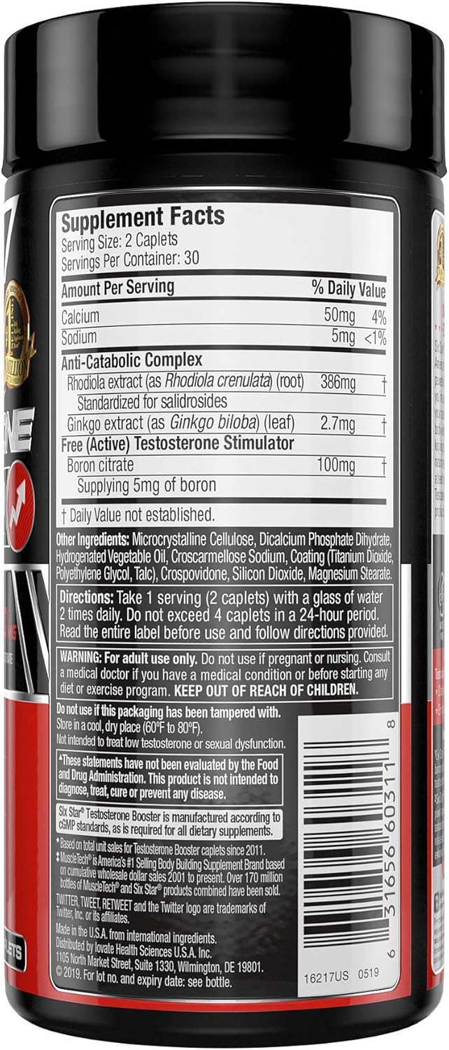 Six Star Nutrition Testosterone Booster for Men with Rhodiola Extract and Boron Citrate - Male Gym Workout Supplements for Muscle Growth, Stamina & Energy - 60 Pills. 