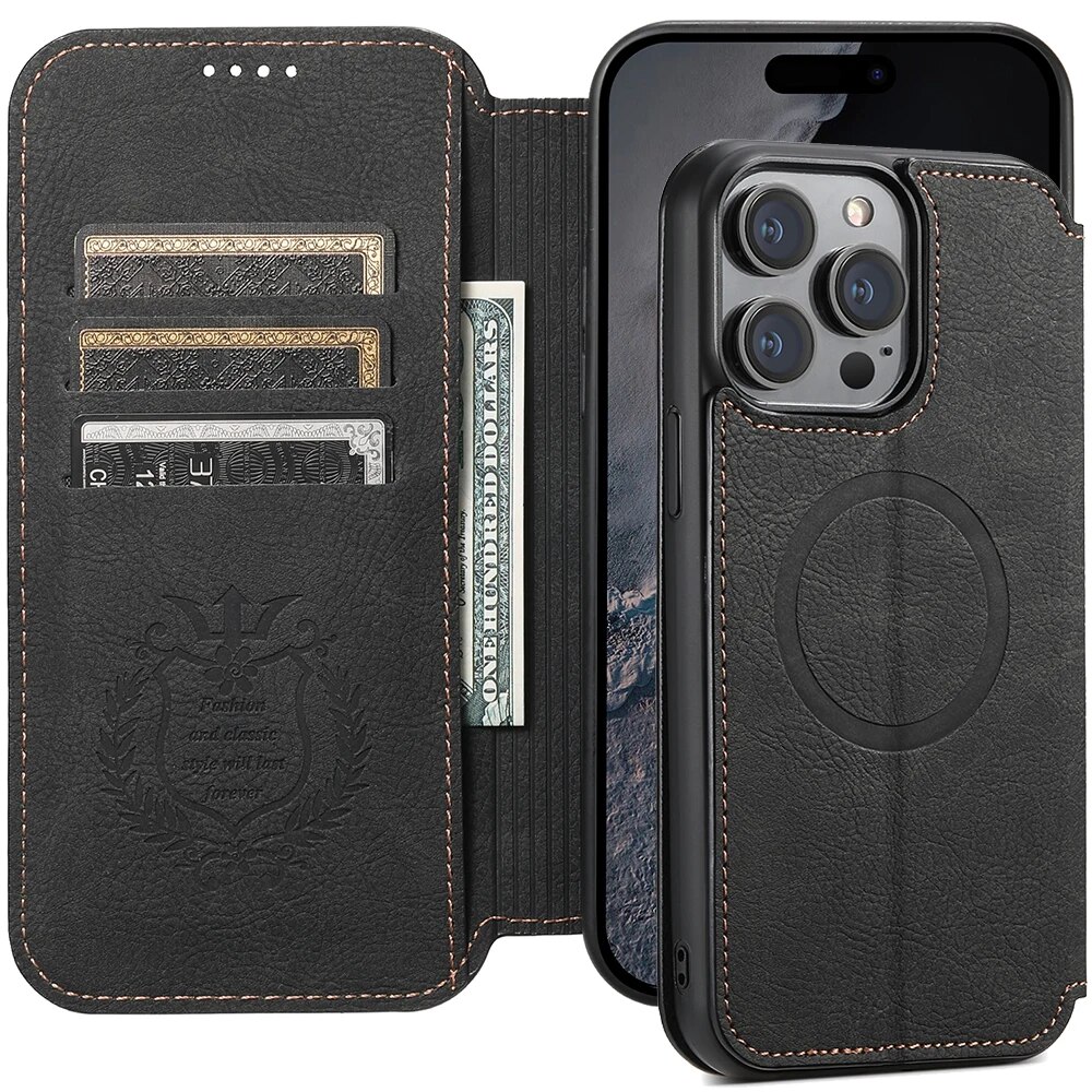 SUTENI Magsafe Leather Luxury Phone Case For iPhone 12 13 14 15 Pro Max Plus Ultra Flip Wallet Card Holder. 
