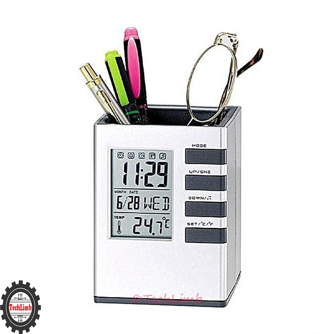 CUBE Desk Pen Stand with Digital Clock, Temperature, Alarm & Calendar - Multifunctional Pen Holder for Office & Home Desk - TechLimb. 