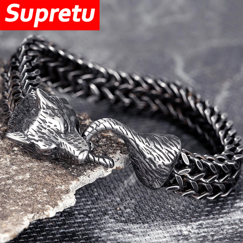 Mannen Manchet Keten Vintage Rvs Wolf Hoofd Armband Viking Dier Polsband Charm Sieraden Groothandel Mannelijke Gift Dropshipping