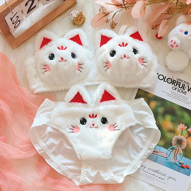 Cat fall and winter limited to cute plush underwear confortable women lingerie non-steel ring bra set to keep warm bralette. 